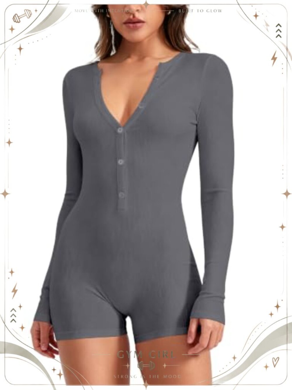 Women Ribbed Knit Button Front V Neck Long Sleeve Romper Jumpsuit